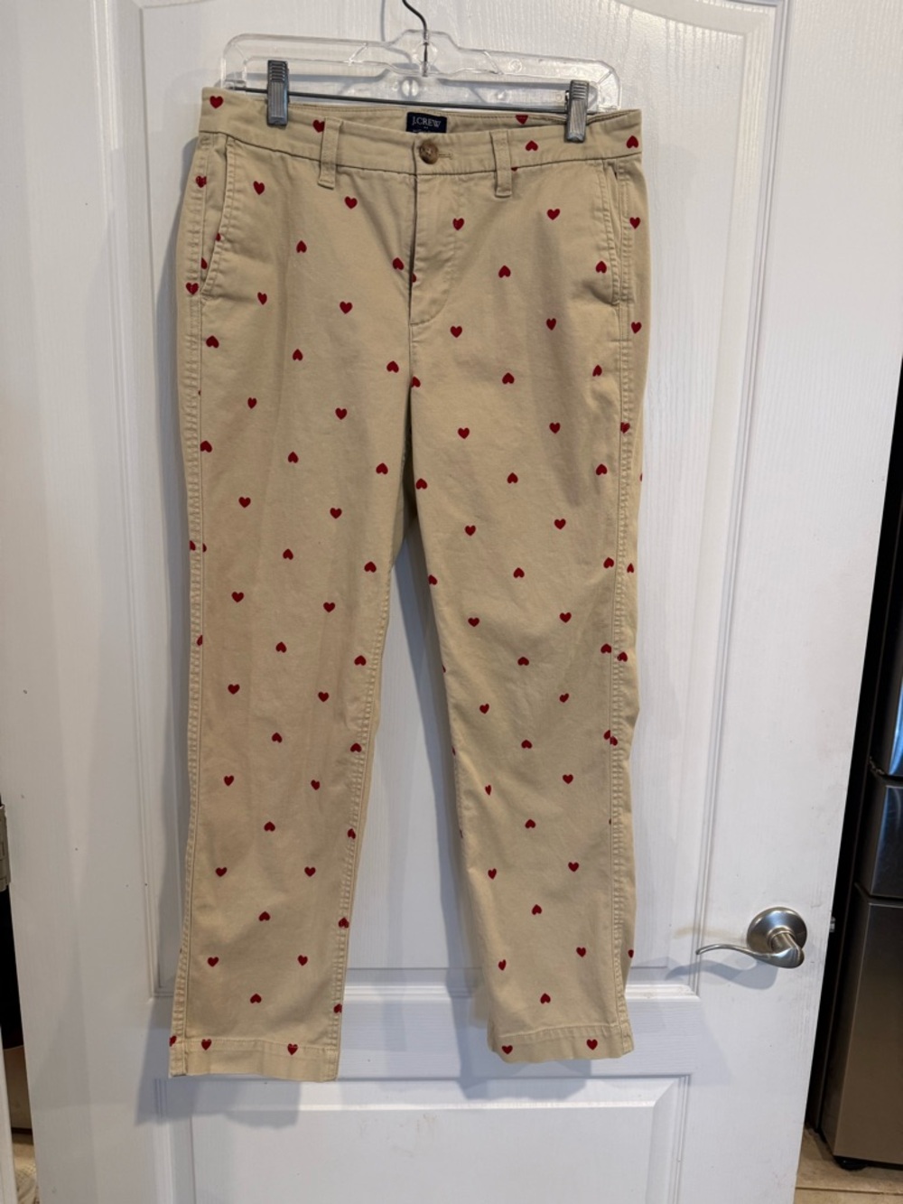 J.Crew women’s High-Rise Girlfriend Chino Pants tan khaki w red hearts sz 4